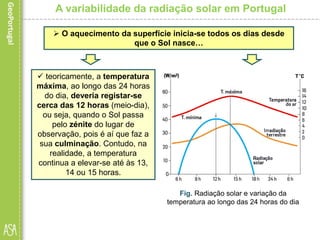 A variabilidade da radiação solar em Portugal
 teoricamente, a temperatura
máxima, ao longo das 24 horas
do dia, deveria registar-se
cerca das 12 horas (meio-dia),
ou seja, quando o Sol passa
pelo zénite do lugar de
observação, pois é aí que faz a
sua culminação. Contudo, na
realidade, a temperatura
continua a elevar-se até às 13,
14 ou 15 horas.
Fig. Radiação solar e variação da
temperatura ao longo das 24 horas do dia
 O aquecimento da superfície inicia-se todos os dias desde
que o Sol nasce…
 