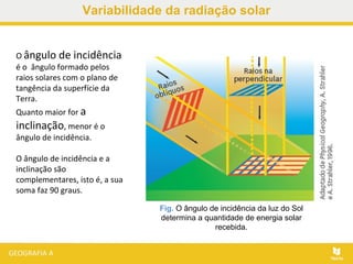 Fig. O ângulo de incidência da luz do Sol
determina a quantidade de energia solar
recebida.
Variabilidade da radiação solar
O ângulo de incidência
é o ângulo formado pelos
raios solares com o plano de
tangência da superfície da
Terra.
Quanto maior for a
inclinação, menor é o
ângulo de incidência.
O ângulo de incidência e a
inclinação são
complementares, isto é, a sua
soma faz 90 graus.
 