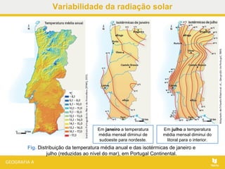 Fig. Distribuição da temperatura média anual e das isotérmicas de janeiro e
julho (reduzidas ao nível do mar), em Portugal Continental.
Sul do Tejo
Temperaturas
médias anuais
mais altas.
Em janeiro a temperatura
média mensal diminui de
sudoeste para nordeste.
Em julho a temperatura
média mensal diminui do
litoral para o interior.
Variabilidade da radiação solar
 