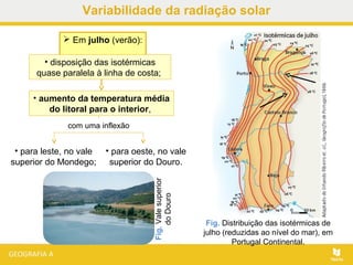  Em julho (verão):
Fig. Distribuição das isotérmicas de
julho (reduzidas ao nível do mar), em
Portugal Continental.
Fig.Valesuperior
doDouro
• aumento da temperatura média
do litoral para o interior,
• disposição das isotérmicas
quase paralela à linha de costa;
com uma inflexão
• para oeste, no vale
superior do Douro.
• para leste, no vale
superior do Mondego;
Variabilidade da radiação solar
 