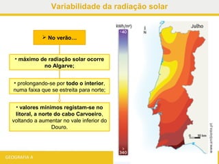  No verão…
• máximo de radiação solar ocorre
no Algarve;
• prolongando-se por todo o interior,
numa faixa que se estreita para norte;
• valores mínimos registam-se no
litoral, a norte do cabo Carvoeiro,
voltando a aumentar no vale inferior do
Douro.
Variabilidade da radiação solar
 