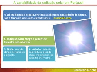 O sol irradia para o espaço, em todas as direções, quantidades de energia,
sob a forma de luz e calor, elevadíssimas – a radiação solara radiação solar.
O sol irradia para o espaço, em todas as direções, quantidades de energia,
sob a forma de luz e calor, elevadíssimas – a radiação solara radiação solar.
A variabilidade da radiação solar em Portugal
 