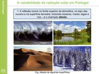  A reflexão ocorre no limite superior da atmosfera, no topo das
nuvens e na superfície terrestre, incluindo oceanos, mares, lagos e
rios – é o chamado albedo.
A variabilidade da radiação solar em Portugal
Fig. Albedo de algumas superfícies
 