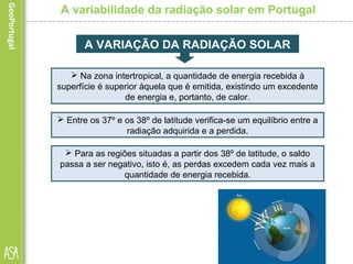 A variabilidade da radiação solar em Portugal
 Na zona intertropical, a quantidade de energia recebida à
superfície é superior àquela que é emitida, existindo um excedente
de energia e, portanto, de calor.
A VARIAÇÃO DA RADIAÇÃO SOLAR
 Entre os 37º e os 38º de latitude verifica-se um equilíbrio entre a
radiação adquirida e a perdida.
 Para as regiões situadas a partir dos 38º de latitude, o saldo
passa a ser negativo, isto é, as perdas excedem cada vez mais a
quantidade de energia recebida.
 