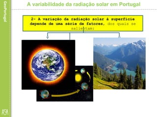 A variabilidade da radiação solar em Portugal
2- A variação da radiação solar à superfície
depende de uma série de fatores, dos quais se
salientam:
• a forma esférica da
Terra (acompanhada da
inclinação do seu eixo em
relação ao plano da órbita);
as condições locais,
como a transparência
da atmosfera, o relevo
(incluindo a orientação
das encostas) e o tipo
de superfície, entre
outros, contribuem para
essa variação.
• os movimentos de
rotação e translação
do planeta.
 