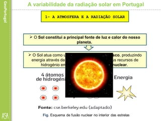 A variabilidade da radiação solar em Portugal
 O Sol constitui a principal fonte de luz e calor do nosso
planeta.
1- A ATMOSFERA E A RADIAÇÃO SOLAR
 O Sol atua como um reator nuclear gigantesco, produzindo
energia através da conversão gradual dos seus recursos de
hidrogénio em hélio, por meio da fusão nuclear.
 