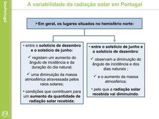 A variabilidade da radiação solar em Portugal
• entre o solstício de dezembro
e o solstício de junho:
 registam um aumento do
ângulo de incidência e da
duração do dia natural;
 uma diminuição da massa
atmosférica atravessada pelos
raios solares;
• condições que contribuem para
um aumento da quantidade de
radiação solar recebida;
Em geral, os lugares situados no hemisfério norte:
• entre o solstício de junho e
o solstício de dezembro:
 observam a diminuição do
ângulo de incidência e dos
dias naturais ;
 e o aumento da massa
atmosférica;
• pelo que a radiação solar
recebida vai diminuindo.
 