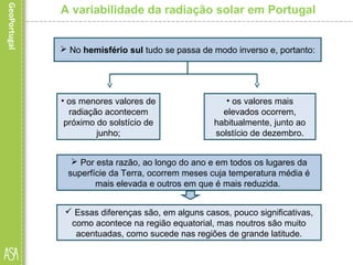 A variabilidade da radiação solar em Portugal
 No hemisfério sul tudo se passa de modo inverso e, portanto:
• os valores mais
elevados ocorrem,
habitualmente, junto ao
solstício de dezembro.
• os menores valores de
radiação acontecem
próximo do solstício de
junho;
 Por esta razão, ao longo do ano e em todos os lugares da
superfície da Terra, ocorrem meses cuja temperatura média é
mais elevada e outros em que é mais reduzida.
 Essas diferenças são, em alguns casos, pouco significativas,
como acontece na região equatorial, mas noutros são muito
acentuadas, como sucede nas regiões de grande latitude.
 