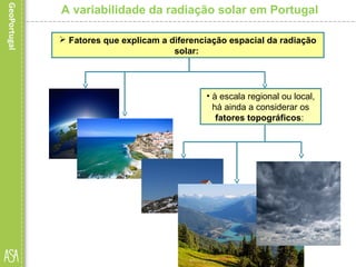 A variabilidade da radiação solar em Portugal
 Fatores que explicam a diferenciação espacial da radiação
solar:
• a nebulosidade.
• a exposição geográfica
das vertentes;
• a altitude;
• a latitude;
• a proximidade do
oceano Atlântico.
• à escala regional ou local,
há ainda a considerar os
fatores topográficos:
 