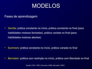MODELOS
Fases de aprendizagem


•   Gentile: prática constante no início, prática constante no final (para
    habilidades motoras fechadas), prática variada no final (para
    habilidades motoras abertas)



•   Summers: prática constante no início, prática variada no final



•   Bernstein: prática com restrição no início, prática com liberdade no final

                    Gentile (1972, 1987); Summers (1989); Bernstein (1967)
 