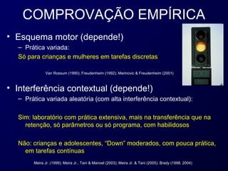 COMPROVAÇÃO EMPÍRICA
• Esquema motor (depende!)
  – Prática variada:
  Só para crianças e mulheres em tarefas discretas

             Van Rossum (1990); Freudenheim (1992); Marinovic & Freudenheim (2001)



• Interferência contextual (depende!)
  – Prática variada aleatória (com alta interferência contextual):

  Sim: laboratório com prática extensiva, mais na transferência que na
    retenção, só parâmetros ou só programa, com habilidosos

  Não: crianças e adolescentes, “Down” moderados, com pouca prática,
    em tarefas contínuas
       Meira Jr. (1999); Meira Jr., Tani & Manoel (2003); Meira Jr. & Tani (2005); Brady (1998, 2004)
 