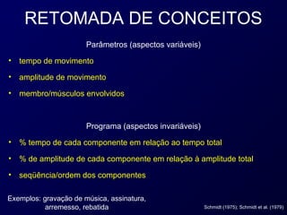 RETOMADA DE CONCEITOS
                       Parâmetros (aspectos variáveis)
•   tempo de movimento
•   amplitude de movimento
•   membro/músculos envolvidos



                       Programa (aspectos invariáveis)
•   % tempo de cada componente em relação ao tempo total
•   % de amplitude de cada componente em relação à amplitude total
•   seqüência/ordem dos componentes

Exemplos: gravação de música, assinatura,
           arremesso, rebatida                           Schmidt (1975); Schmidt et al. (1979)
 