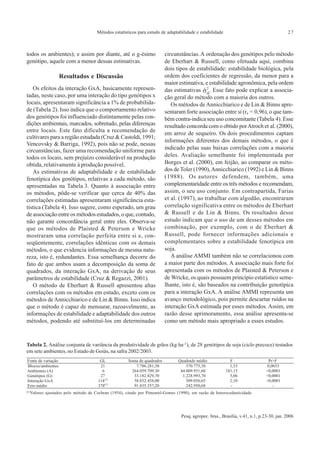 Métodos estatísticos para estudo de adaptabilidade e estabilidade                                    27



todos os ambientes); e assim por diante, até o g-ésimo                     circunstâncias. A ordenação dos genótipos pelo método
genótipo, aquele com a menor dessas estimativas.                           de Eberhart & Russell, como efetuada aqui, combina
                                                                           dois tipos de estabilidade: estabilidade biológica, pela
                    Resultados e Discussão                                 ordem dos coeficientes de regressão, da menor para a
                                                                           maior estimativa, e estabilidade agronômica, pela ordem
   Os efeitos da interação GxA, basicamente represen-                      das estimativas . Esse fato pode explicar a associa-
tadas, neste caso, por uma interação do tipo genótipos x                   ção geral do método com a maioria dos outros.
locais, apresentaram significância a 1% de probabilida-                       Os métodos de Annicchiarico e de Lin & Binns apre-
de (Tabela 2). Isso indica que o comportamento relativo                    sentaram forte associação entre si (rs = 0,96), o que tam-
dos genótipos foi influenciado distintamente pelas con-                    bém contra-indica seu uso concomitante (Tabela 4). Esse
dições ambientais, marcados, sobretudo, pelas diferenças                   resultado concorda com o obtido por Atroch et al. (2000),
entre locais. Este fato dificulta a recomendação de
                                                                           em arroz de sequeiro. Os dois procedimentos captam
cultivares para a região estudada (Cruz & Castoldi, 1991;
                                                                           informações diferentes dos demais métodos, o que é
Vencovsky & Barriga, 1992), pois não se pode, nessas
circunstâncias, fazer uma recomendação uniforme para                       indicado pelas suas baixas correlações com a maioria
todos os locais, sem prejuízo considerável na produção                     deles. Avaliação semelhante foi implementada por
obtida, relativamente à produção possível.                                 Borges et al. (2000), em feijão, ao comparar os méto-
   As estimativas de adaptabilidade e de estabilidade                      dos de Toler (1990), Annicchiarico (1992) e Lin & Binns
fenotípica dos genótipos, relativas a cada método, são                     (1988). Os autores defendem, também, uma
apresentadas na Tabela 3. Quanto à associação entre                        complementaridade entre os três métodos e recomendam,
os métodos, pôde-se verificar que cerca de 40% das                         assim, o seu uso conjunto. Em contrapartida, Farias
correlações estimadas apresentaram significância esta-                     et al. (1997), ao trabalhar com algodão, encontraram
tística (Tabela 4). Isso sugere, como esperado, um grau                    correlação significativa entre os métodos de Eberhart
de associação entre os métodos estudados, o que, contudo,                  & Russell e de Lin & Binns. Os resultados desse
não garante concordância geral entre eles. Observa-se                      estudo indicam que o uso de um desses métodos em
que os métodos de Plaisted & Peterson e Wricke                             combinação, por exemplo, com o de Eberhart &
mostraram uma correlação perfeita entre si e, con-                         Russell, pode fornecer informações adicionais e
seqüentemente, correlações idênticas com os demais                         complementares sobre a estabilidade fenotípica em
métodos, o que evidencia informações de mesma natu-                        soja.
reza, isto é, redundantes. Essa semelhança decorre do                         A análise AMMI também não se correlacionou com
fato de que ambos usam a decomposição da soma de                           a maior parte dos métodos. A associação mais forte foi
quadrados, da interação GxA, na derivação de seus                          apresentada com os métodos de Plaisted & Peterson e
parâmetros de estabilidade (Cruz & Regazzi, 2001).                         de Wricke, os quais possuem princípio estatístico seme-
   O método de Eberhart & Russell apresentou altas                         lhante, isto é, são baseados na contribuição genotípica
correlações com os métodos em estudo, exceto com os                        para a interação GxA. A análise AMMI representa um
métodos de Annicchiarico e de Lin & Binns. Isso indica                     avanço metodológico, pois permite descartar ruídos na
que o método é capaz de mensurar, razoavelmente, as                        interação GxA estimada por esses métodos. Assim, em
informações de estabilidade e adaptabilidade dos outros                    razão desse aprimoramento, essa análise apresenta-se
métodos, podendo até substituí-los em determinadas                         como um método mais apropriado a esses estudos.



Tabela 2. Análise conjunta de variância da produtividade de grãos (kg ha-1), de 28 genótipos de soja (ciclo precoce) testados
em sete ambientes, no Estado de Goiás, na safra 2002/2003.
Fonte de variação                        GL            Soma de quadrados         Quadrado médio              F                     Pr>F
Blocos/ambientes                         21                7.786.281,30              370.775,30              1,53                 0,0653
Ambientes (A)                             6              264.059.709,30           44.009.951,60            181,15                <0,0001
Genótipos (G)                            27               33.182.829,70            1.228.993,70              5,06                <0,0001
Interação GxA                           114 (1)           58.032.458,00              509.056,65              2,10                <0,0001
Erro médio                              378(1)            91.835.357,20              242.950,68              -                       -
(1)Valores   ajustados pelo método de Cochran (1954), citado por Pimentel-Gomes (1990), em razão de heterocedasticidade.




                                                                                   Pesq. agropec. bras., Brasília, v.41, n.1, p.23-30, jan. 2006
 