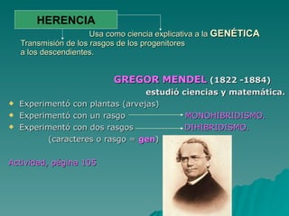   Usa como ciencia explicativa a la  GENÉTICA  Transmisión de los rasgos de los progenitores  a los descendientes.  GREGOR MENDEL  (1822 -1884) estudió ciencias y matemática. Experimentó con plantas (arvejas) Experimentó con un rasgo  MONOHIBRIDISMO.   Experimentó con dos rasgos  DIHIBRIDISMO.   (caracteres o rasgo =  gen )  Actividad, página 105 HERENCIA 