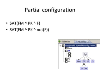 Partial	configuration	
•  SAT(FM	^	PK	^	F)	
•  SAT(FM	^	PK	^	not(F))	
 