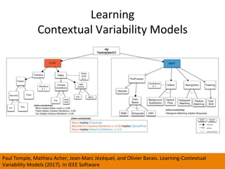 Learning		
Contextual	Variability	Models	
Paul	Temple,	Mathieu	Acher,	Jean-Marc	Jézéquel,	and	Olivier	Barais.	Learning-Contextual	
Variability	Models	(2017).	In	IEEE	Software	
 