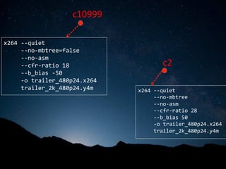 c10999	
x264	--quiet		
					--no-mbtree=false		
					--no-asm		
					--cfr-ratio	18		
					--b_bias	-50		
					-o	trailer_480p24.x264	
					trailer_2k_480p24.y4m	 x264	--quiet		
					--no-mbtree		
					--no-asm		
					--cfr-ratio	28		
					--b_bias	50		
					-o	trailer_480p24.x264	
					trailer_2k_480p24.y4m	
c2	
 