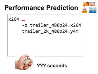 Performance Prediction
x264	…	
					-o	trailer_480p24.x264	
					trailer_2k_480p24.y4m	
??? seconds
 