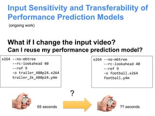x264	--no-mbtree		
					--rc-lookahead	40		
					--ref	9		
					-o	trailer_480p24.x264	
					trailer_2k_480p24.y4m	
x264	--no-mbtree		
					--rc-lookahead	40		
					--ref	9		
					-o	football.x264	
					football.y4m	
Input Sensitivity and Transferability of
Performance Prediction Models
What if I change the input video?
Can I reuse my performance prediction model?
55 seconds ?? seconds
?
(ongoing work)
 