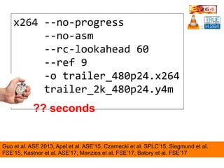 x264	--no-progress		
					--no-asm		
					--rc-lookahead	60		
					--ref	9		
					-o	trailer_480p24.x264	
					trailer_2k_480p24.y4m	
?? seconds
Guo et al. ASE 2013, Apel et al. ASE’15, Czarnecki et al. SPLC’15, Siegmund et al.
FSE’15, Kastner et al. ASE’17, Menzies et al. FSE’17, Batory et al. FSE’17
 