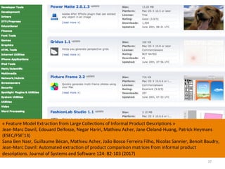37	
«	Feature	Model	Extraction	from	Large	Collections	of	Informal	Product	Descriptions	»		
Jean-Marc	Davril,	Edouard	Delfosse,	Negar	Hariri,	Mathieu	Acher,	Jane	Cleland-Huang,	Patrick	Heymans	
(ESEC/FSE’13)	
Sana	Ben	Nasr,	Guillaume	Bécan,	Mathieu	Acher,	João	Bosco	Ferreira	Filho,	Nicolas	Sannier,	Benoit	Baudry,	
Jean-Marc	Davril:	Automated	extraction	of	product	comparison	matrices	from	informal	product	
descriptions.	Journal	of	Systems	and	Software	124:	82-103	(2017)	
 