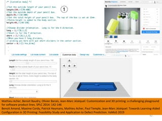 42	
Mathieu	Acher,	Benoit	Baudry,	Olivier	Barais,	Jean-Marc	Jézéquel:	Customization	and	3D	printing:	a	challenging	playground	
for	software	product	lines.	SPLC	2014:	142-146	
Benoit	Amand,	Maxime	Cordy,	Patrick	Heymans,	Mathieu	Acher,	Paul	Temple,	Jean-Marc	Jézéquel:	Towards	Learning-Aided	
Configuration	in	3D	Printing:	Feasibility	Study	and	Application	to	Defect	Prediction.	VaMoS	2019	
 