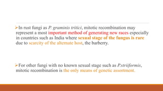 In rust fungi as P. graminis tritici, mitotic recombination may
represent a most important method of generating new races especially
in countries such as India where sexual stage of the fungus is rare
due to scarcity of the alternate host, the barberry.
For other fungi with no known sexual stage such as P.striiformis,
mitotic recombination is the only means of genetic assortment.
 
