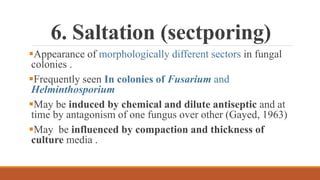 6. Saltation (sectporing)
Appearance of morphologically different sectors in fungal
colonies .
Frequently seen In colonies of Fusarium and
Helminthosporium
May be induced by chemical and dilute antiseptic and at
time by antagonism of one fungus over other (Gayed, 1963)
May be influenced by compaction and thickness of
culture media .
 