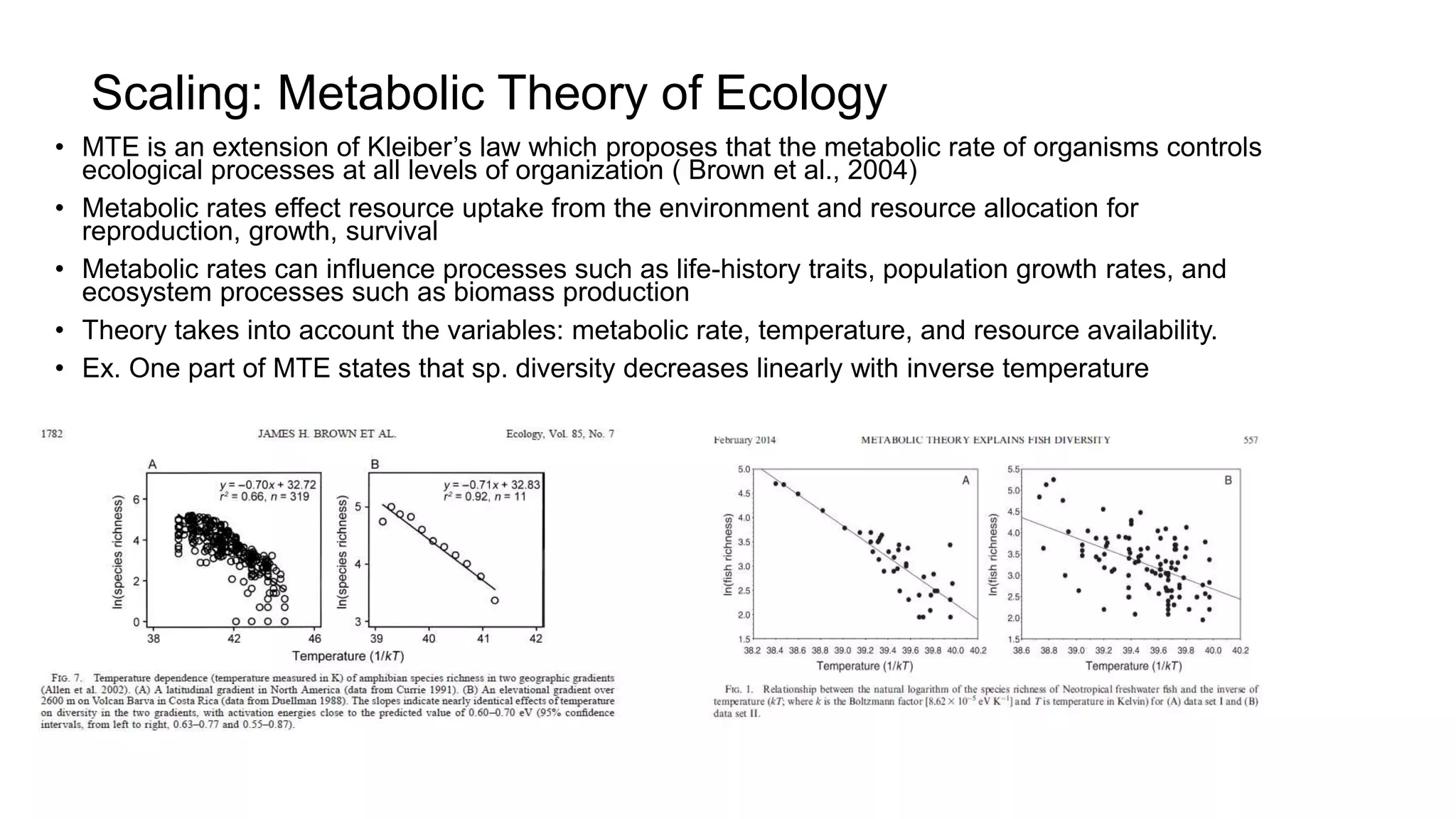 Scaling: Metabolic Theory of Ecology
• MTE is an extension of Kleiber’s law which proposes that the metabolic rate of organisms controls
ecological processes at all levels of organization ( Brown et al., 2004)
• Metabolic rates effect resource uptake from the environment and resource allocation for
reproduction, growth, survival
• Metabolic rates can influence processes such as life-history traits, population growth rates, and
ecosystem processes such as biomass production
• Theory takes into account the variables: metabolic rate, temperature, and resource availability.
• Ex. One part of MTE states that sp. diversity decreases linearly with inverse temperature
 