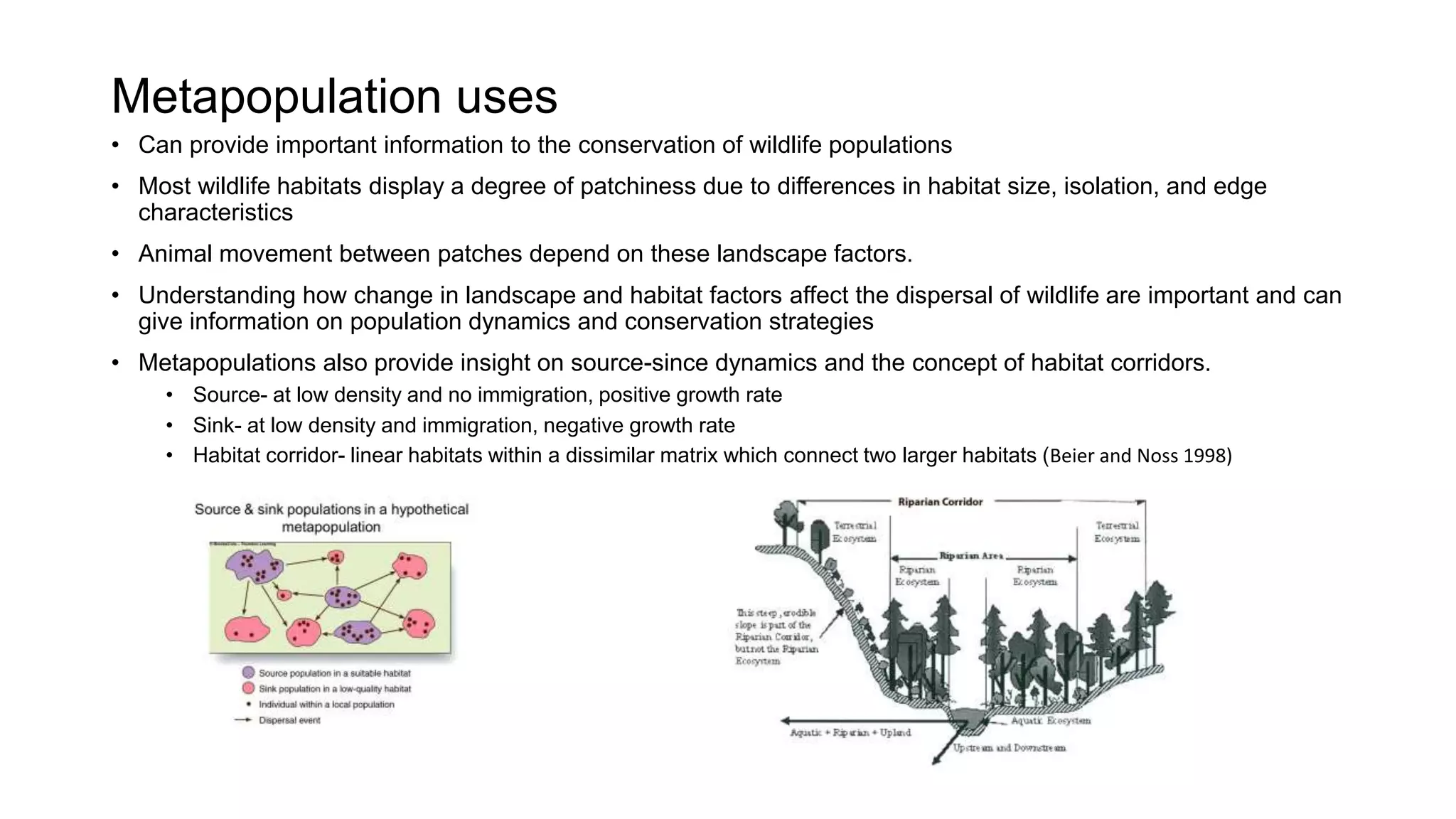Metapopulation uses
• Can provide important information to the conservation of wildlife populations
• Most wildlife habitats display a degree of patchiness due to differences in habitat size, isolation, and edge
characteristics
• Animal movement between patches depend on these landscape factors.
• Understanding how change in landscape and habitat factors affect the dispersal of wildlife are important and can
give information on population dynamics and conservation strategies
• Metapopulations also provide insight on source-since dynamics and the concept of habitat corridors.
• Source- at low density and no immigration, positive growth rate
• Sink- at low density and immigration, negative growth rate
• Habitat corridor- linear habitats within a dissimilar matrix which connect two larger habitats (Beier and Noss 1998)
 