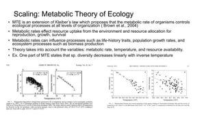 Scaling: Metabolic Theory of Ecology
• MTE is an extension of Kleiber’s law which proposes that the metabolic rate of organisms controls
ecological processes at all levels of organization ( Brown et al., 2004)
• Metabolic rates effect resource uptake from the environment and resource allocation for
reproduction, growth, survival
• Metabolic rates can influence processes such as life-history traits, population growth rates, and
ecosystem processes such as biomass production
• Theory takes into account the variables: metabolic rate, temperature, and resource availability.
• Ex. One part of MTE states that sp. diversity decreases linearly with inverse temperature
 