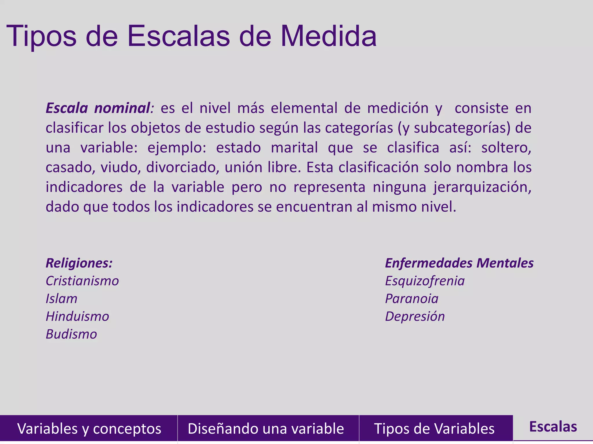 Tipos de Escalas de Medida
Variables y conceptos Diseñando una variable Tipos de Variables EscalasEscalas
Escala nominal: es el nivel más elemental de medición y consiste en
clasificar los objetos de estudio según las categorías (y subcategorías) de
una variable: ejemplo: estado marital que se clasifica así: soltero,
casado, viudo, divorciado, unión libre. Esta clasificación solo nombra los
indicadores de la variable pero no representa ninguna jerarquización,
dado que todos los indicadores se encuentran al mismo nivel.
Religiones:
Cristianismo
Islam
Hinduismo
Budismo
Enfermedades Mentales
Esquizofrenia
Paranoia
Depresión
 