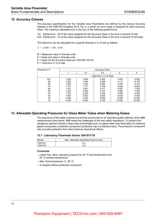 14
Variable Area Flowmeter
Basic Fundamentals and Descriptions D184B003U46
12 Accuracy Classes
The accuracy specifications for the Variable Area Flowmeters are defined by the various Accuracy
Classes in the VDE/VDI Guideline 3513, Pg. 2, in which an error range is assigned for each Accuracy
Class. The maximum allowable error is the sum of the following partial errors.
1st. Partial error: 3/4 of the value assigned for the Accuracy Class is the error in percent of rate
2nd. Partial error: 1/4 of the value assigned for the Accuracy Class is the error in percent of full scale
The total error can be calculated for a specific flowrate in % of rate as follows:
M = Measured value in flowrate units
E = Scale end value in flowrate units
K = Value for the Accuracy Class per VDI/VDE 3513/2
E = Total error in % of rate.
13 Allowable Operating Pressures for Glass Meter Tubes when Metering Gases
The assurance of the safety of personnel and the environment is an important quality hallmark of the ABB
measurement instruments. ABB meets the challenges of the new safety regulations. To protect from
dangerous splinters should a meter tube accidentally burst, our glass meter tube flowmeters for metering
gases incorporate a protective component (protection cap or protection tube). The protective component
also provides protection from direct external mechanical effects.
13.1 Laboratory Flowmeter Series 10A1017/18
Comments
– Listed max. allow. operating pressure for 20 °C fluid temperature and
20 °C ambient temperature
– Max. fluid temperature: 0...95 °C
– Is shipped without protective component
Flowrate in % Accuracy Class
1 1.6 2.5 4 6
Total Error in % of Rate
100
90
80
70
60
50
40
30
20
10
1.000
1.028
1.063
1.107
1.167
1.250
1.375
1.583
2.000
3.250
1.600
1.644
1.700
1.771
1.807
2.000
2.200
2.533
3.200
5.200
2.500
2.569
2.656
2.768
2.917
3.125
3.438
3.958
5.000
8.125
4.000
4.111
4.250
4.429
4.667
5.000
5.500
6.333
8.000
13.000
6.000
6.167
6.375
6.643
7.000
7.500
8.250
9.500
12.000
19.500
E (3/4M 1/4E) K/M⋅+=
Model Max. Allowable Operating Pressure (bar)
10A1017
10A1018
0.5
0.5
Thompson Equipment | TECO-Inc.com | 800-528-8997
 