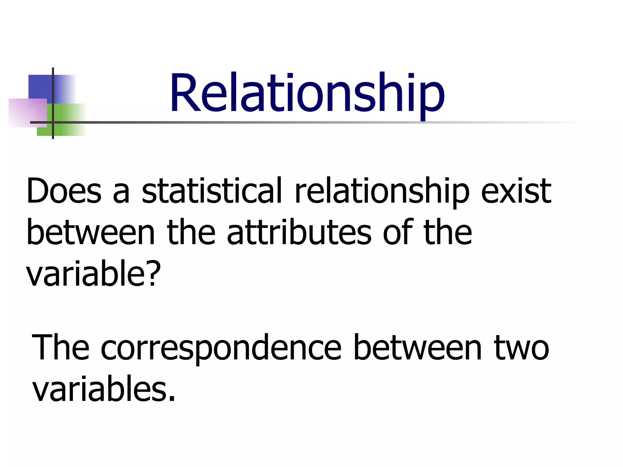Relationship Does a statistical relationship exist between the attributes of the variable? The correspondence between two variables. 