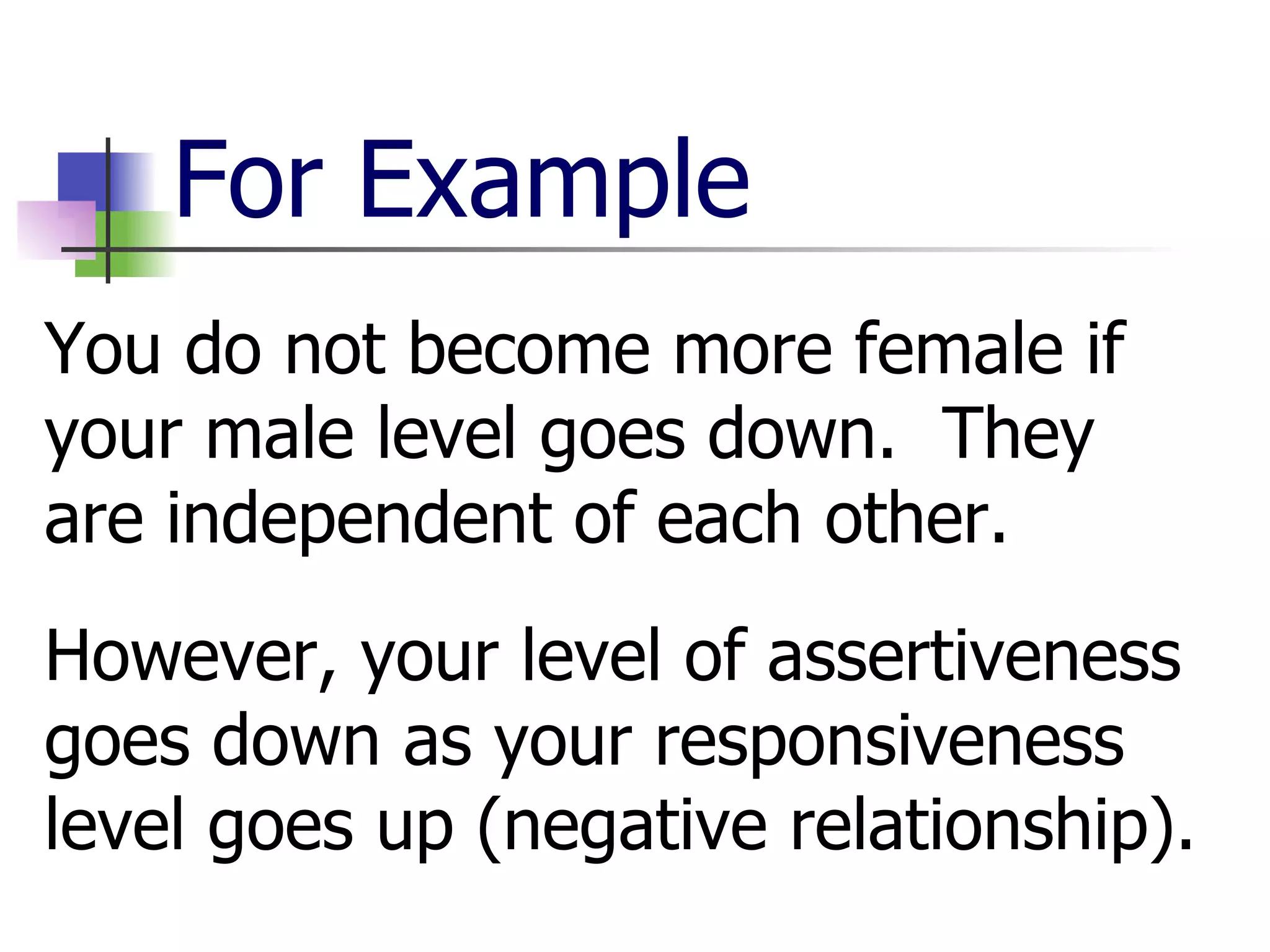 For Example You do not become more female if your male level goes down.  They are independent of each other. However, your level of assertiveness goes down as your responsiveness level goes up (negative relationship). 
