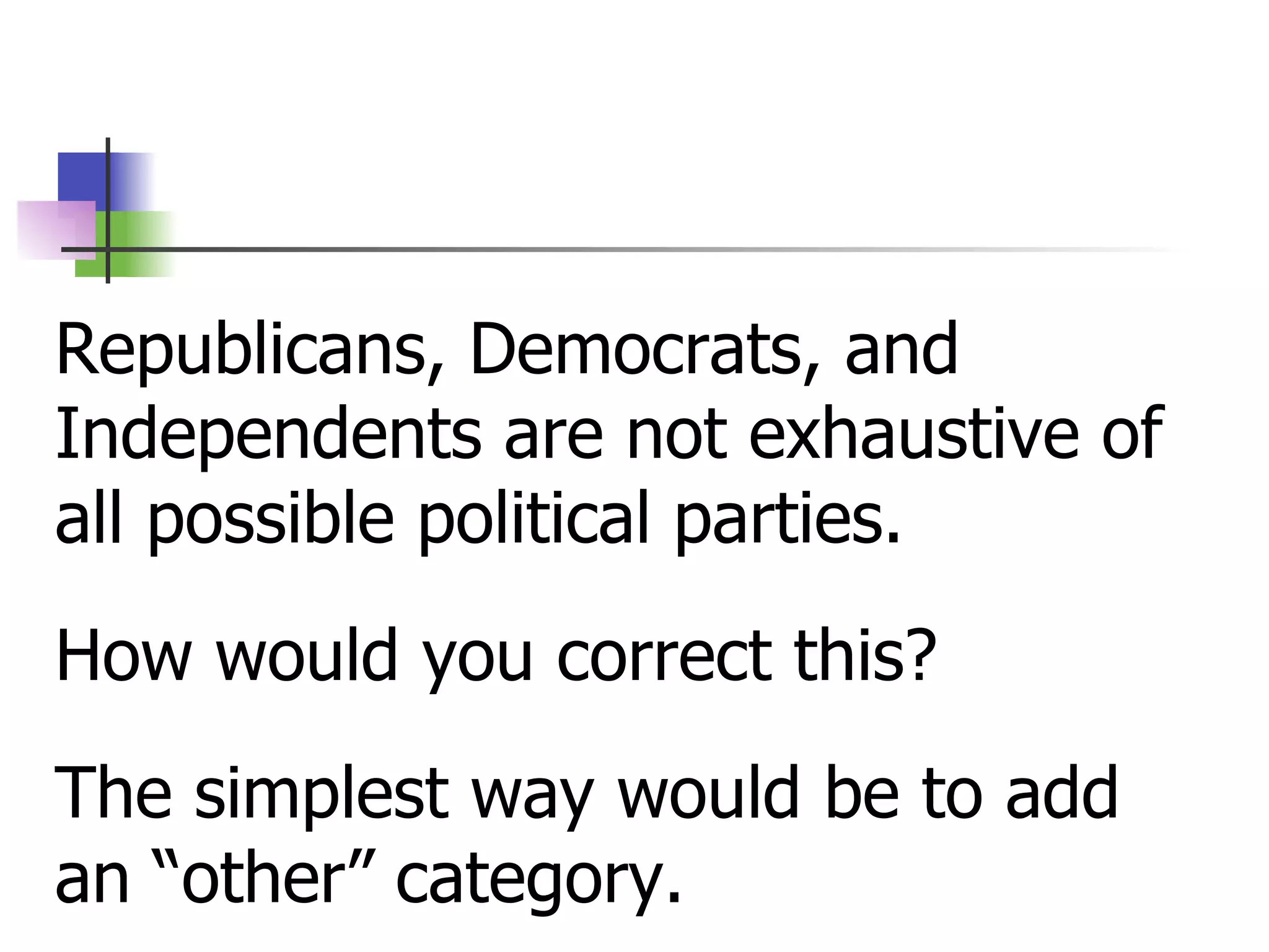 Republicans, Democrats, and Independents are not exhaustive of all possible political parties. How would you correct this? The simplest way would be to add an “other” category. 