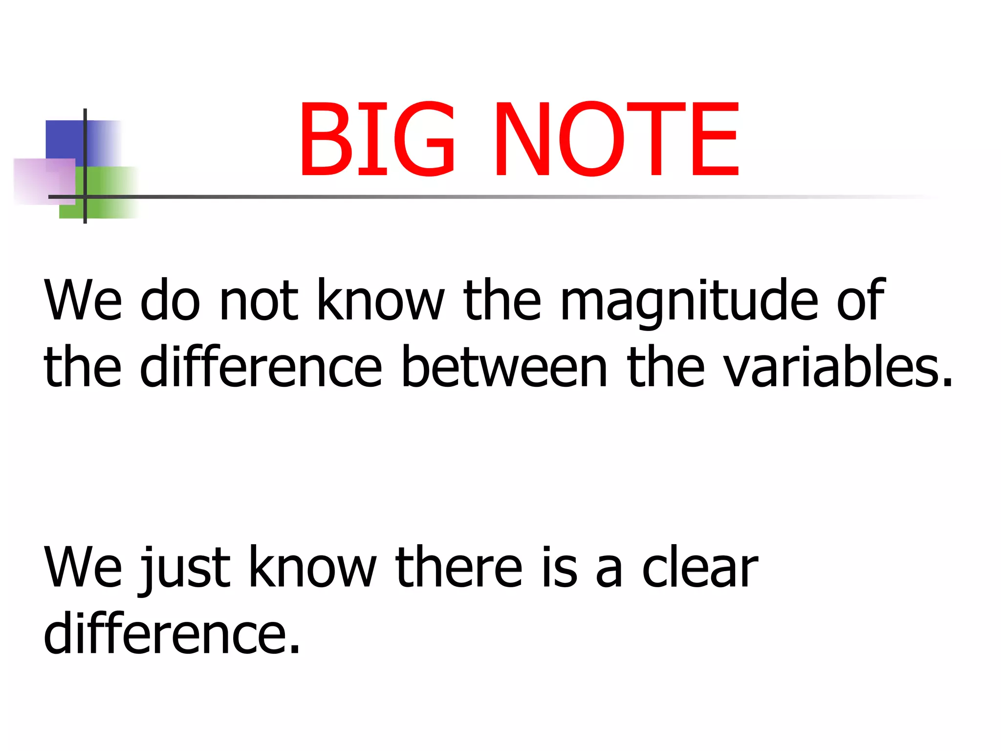 BIG NOTE We do not know the magnitude of the difference between the variables.  We just know there is a clear difference. 