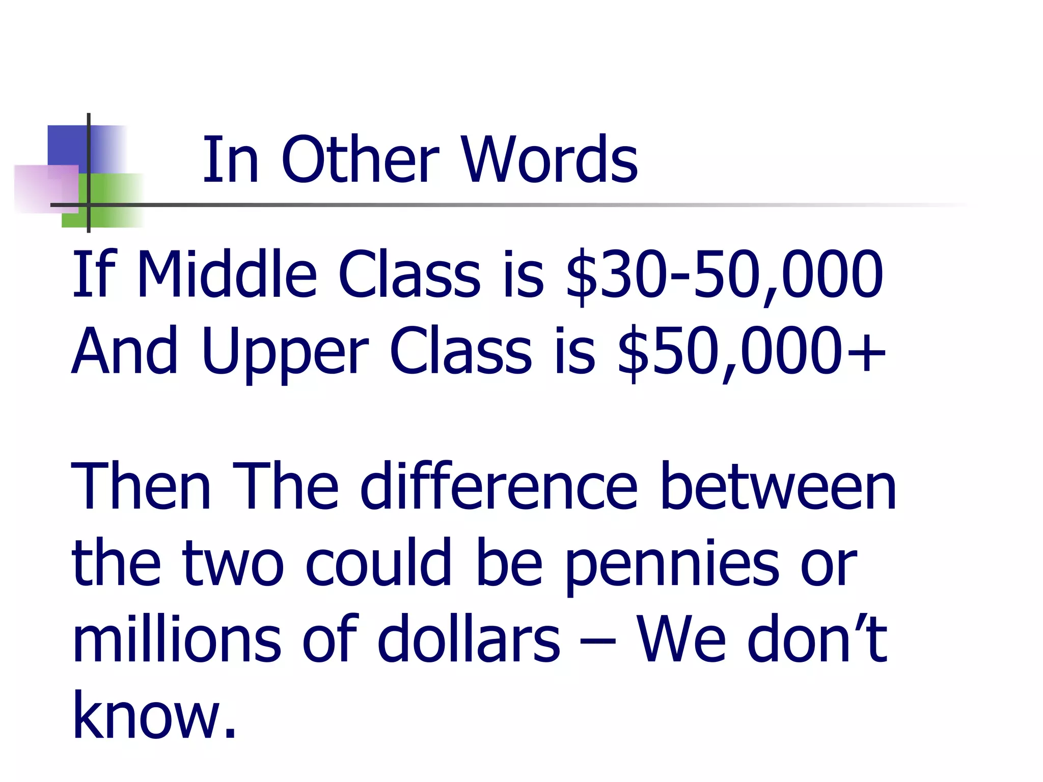 In Other Words If Middle Class is $30-50,000 And Upper Class is $50,000+ Then The difference between the two could be pennies or millions of dollars – We don’t know. 