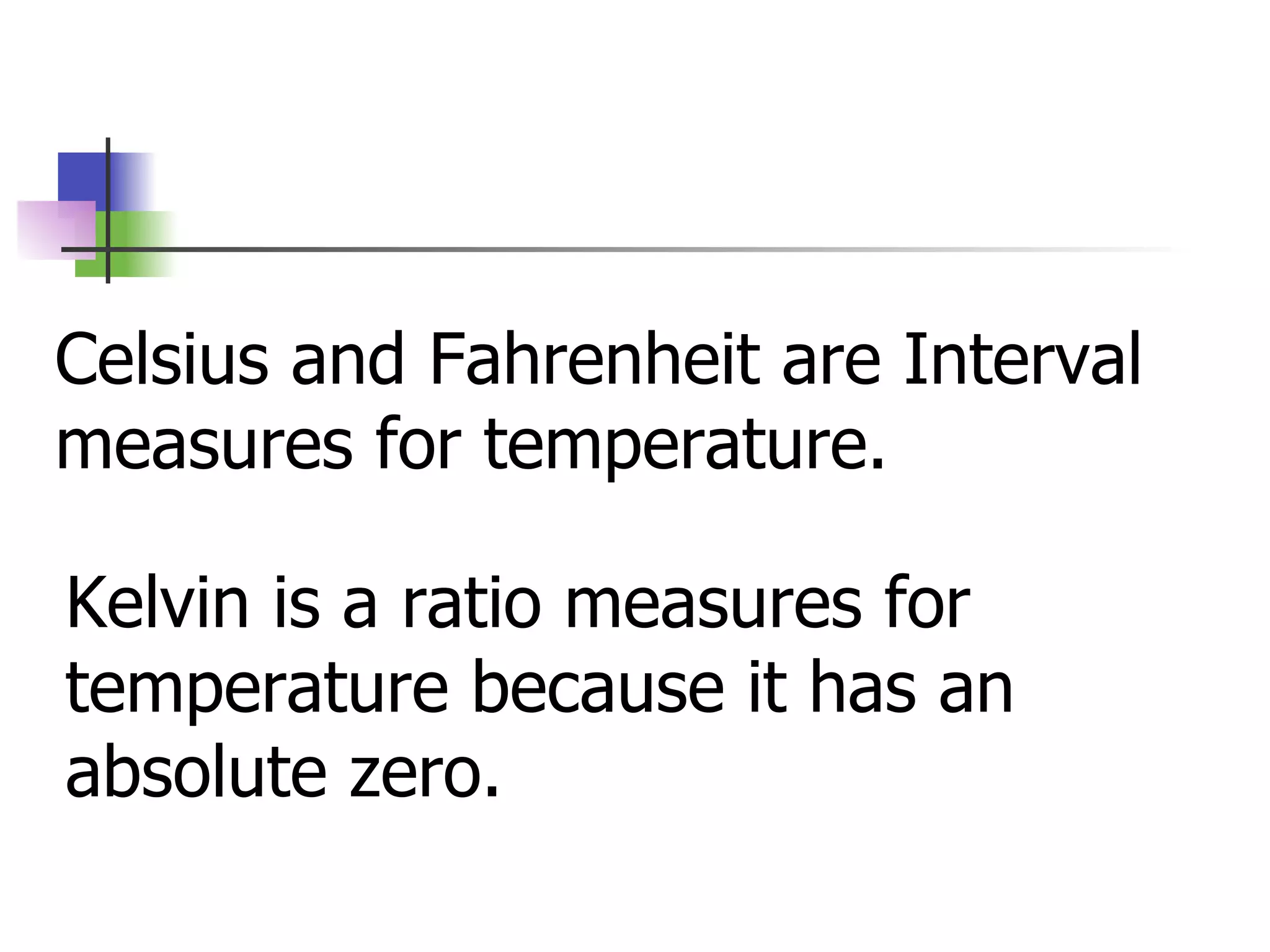 Celsius and Fahrenheit are Interval measures for temperature. Kelvin is a ratio measures for temperature because it has an absolute zero. 