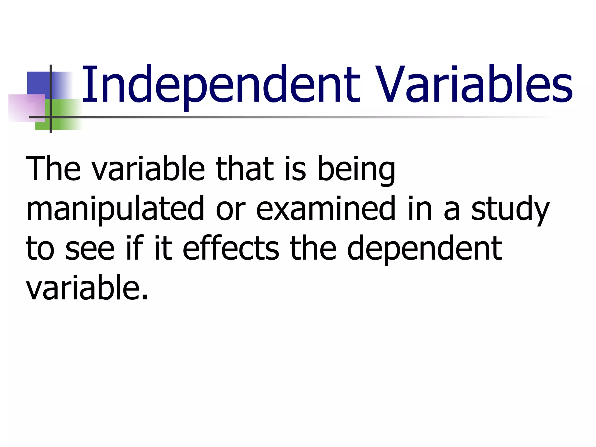 Independent Variables The variable that is being manipulated or examined in a study to see if it effects the dependent variable.  
