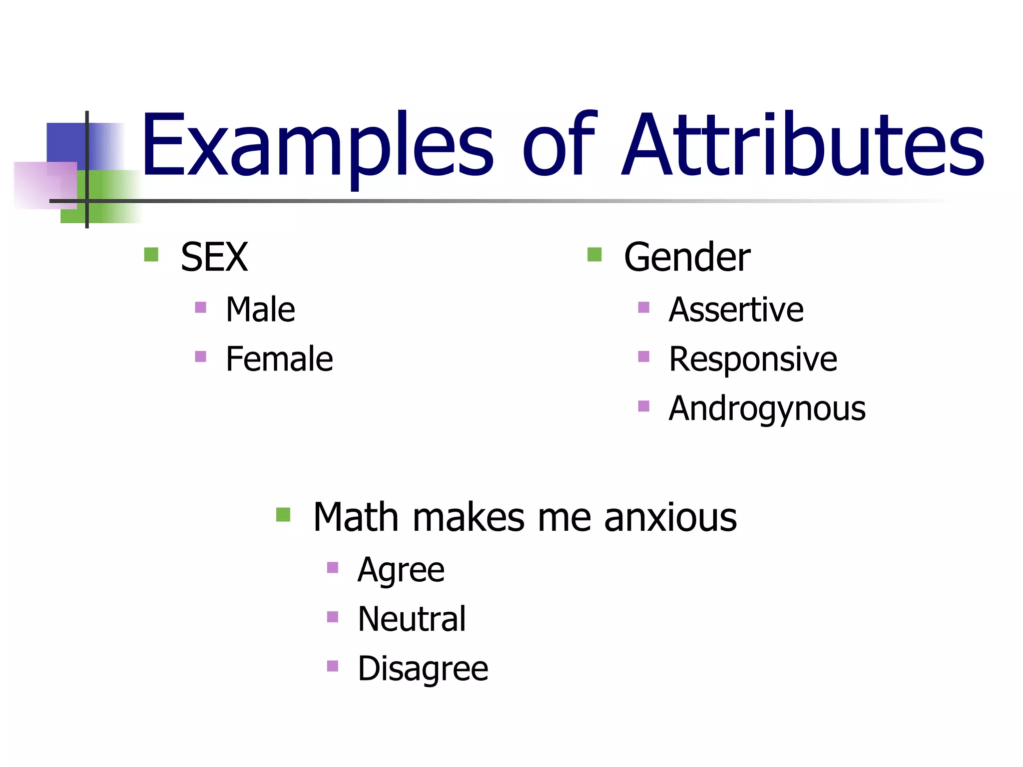 Examples of Attributes SEX Male Female Gender Assertive Responsive Androgynous  Math makes me anxious Agree Neutral Disagree 