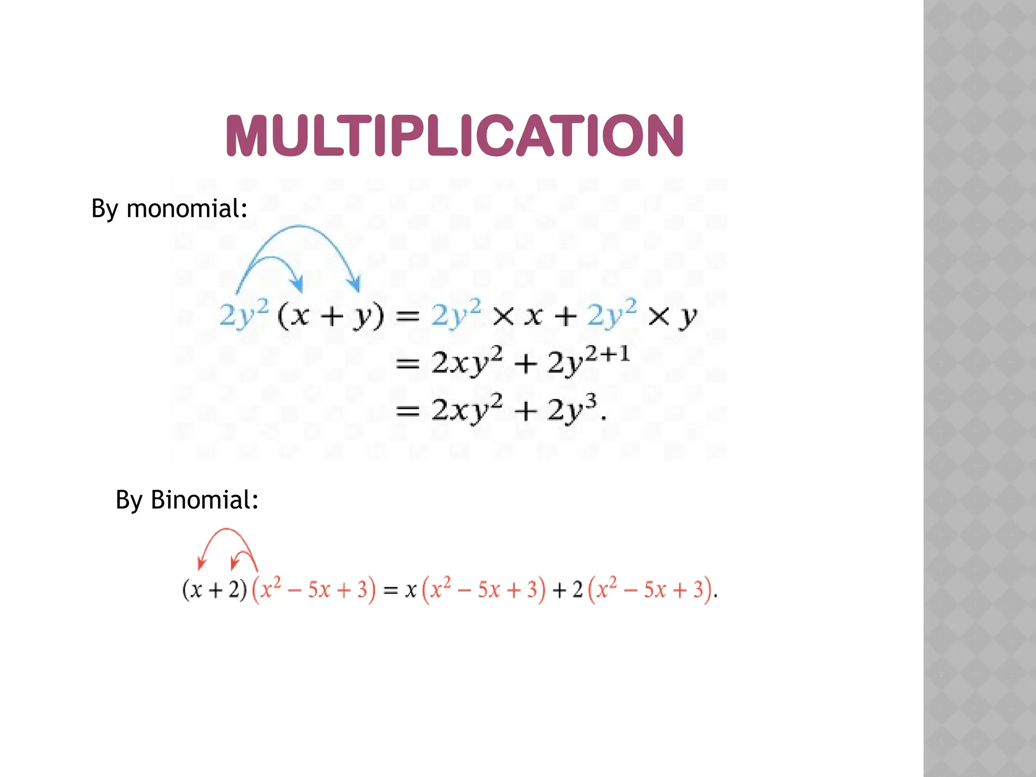 MULTIPLICATION
By monomial:
By Binomial:
 
