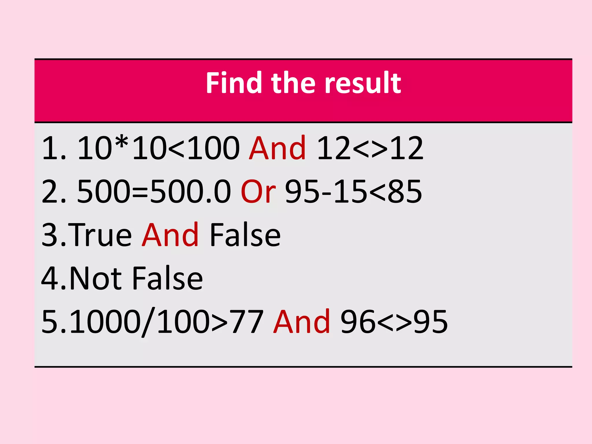 Find the result 1. 10*10<100 And 12<>12 2. 500=500.0 Or 95-15<85 3.True And False 4.Not False 5.1000/100>77 And 96<>95 