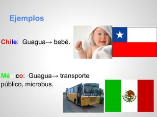 Ejemplos
Chile: Guagua→ bebé.
México: Guagua→ transporte
público, microbus.