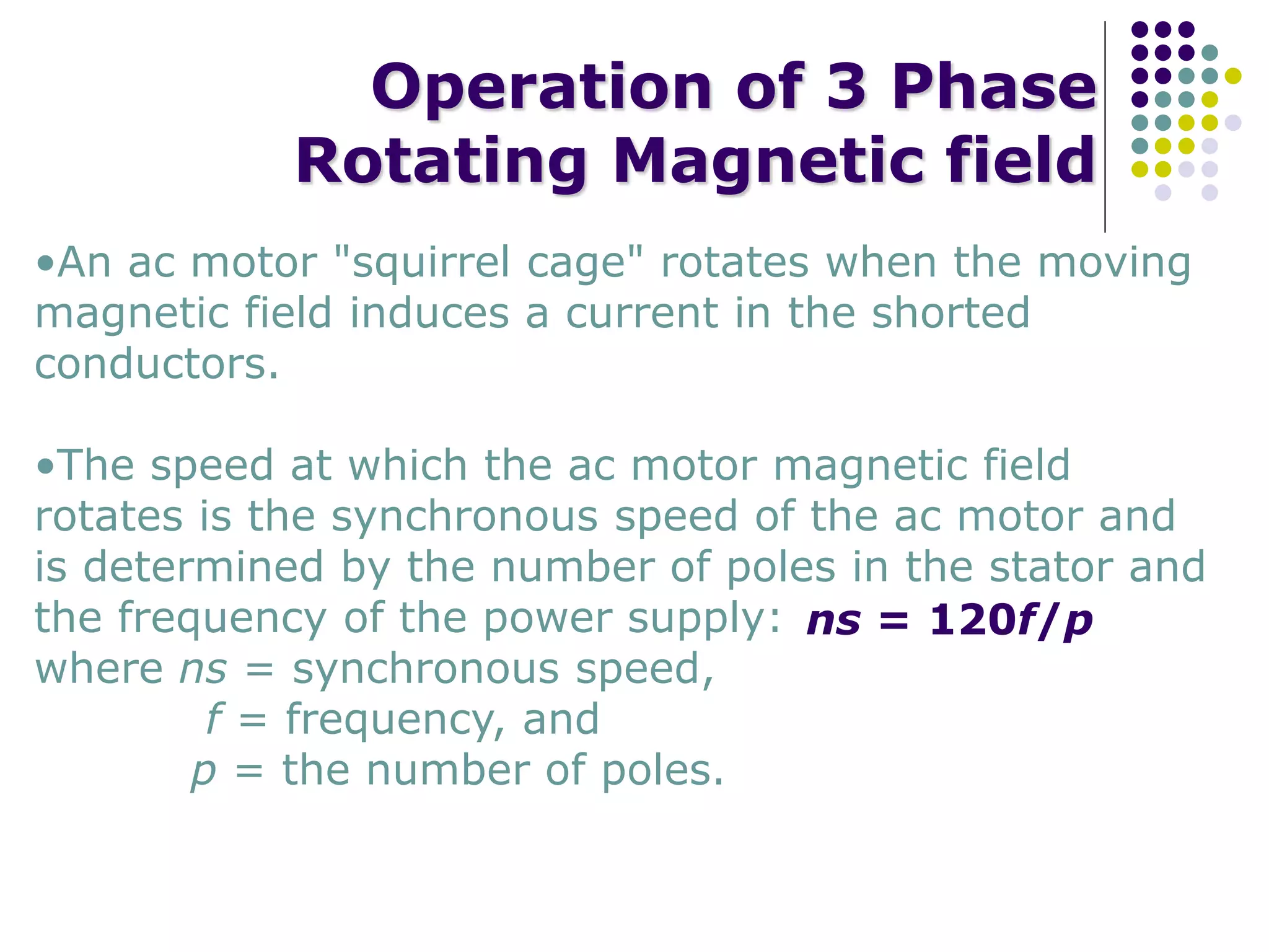 Operation of 3 Phase
Rotating Magnetic field
•An ac motor "squirrel cage" rotates when the moving
magnetic field induces a current in the shorted
conductors.
•The speed at which the ac motor magnetic field
rotates is the synchronous speed of the ac motor and
is determined by the number of poles in the stator and
the frequency of the power supply:
where ns = synchronous speed,
f = frequency, and
p = the number of poles.
ns = 120f/p
 