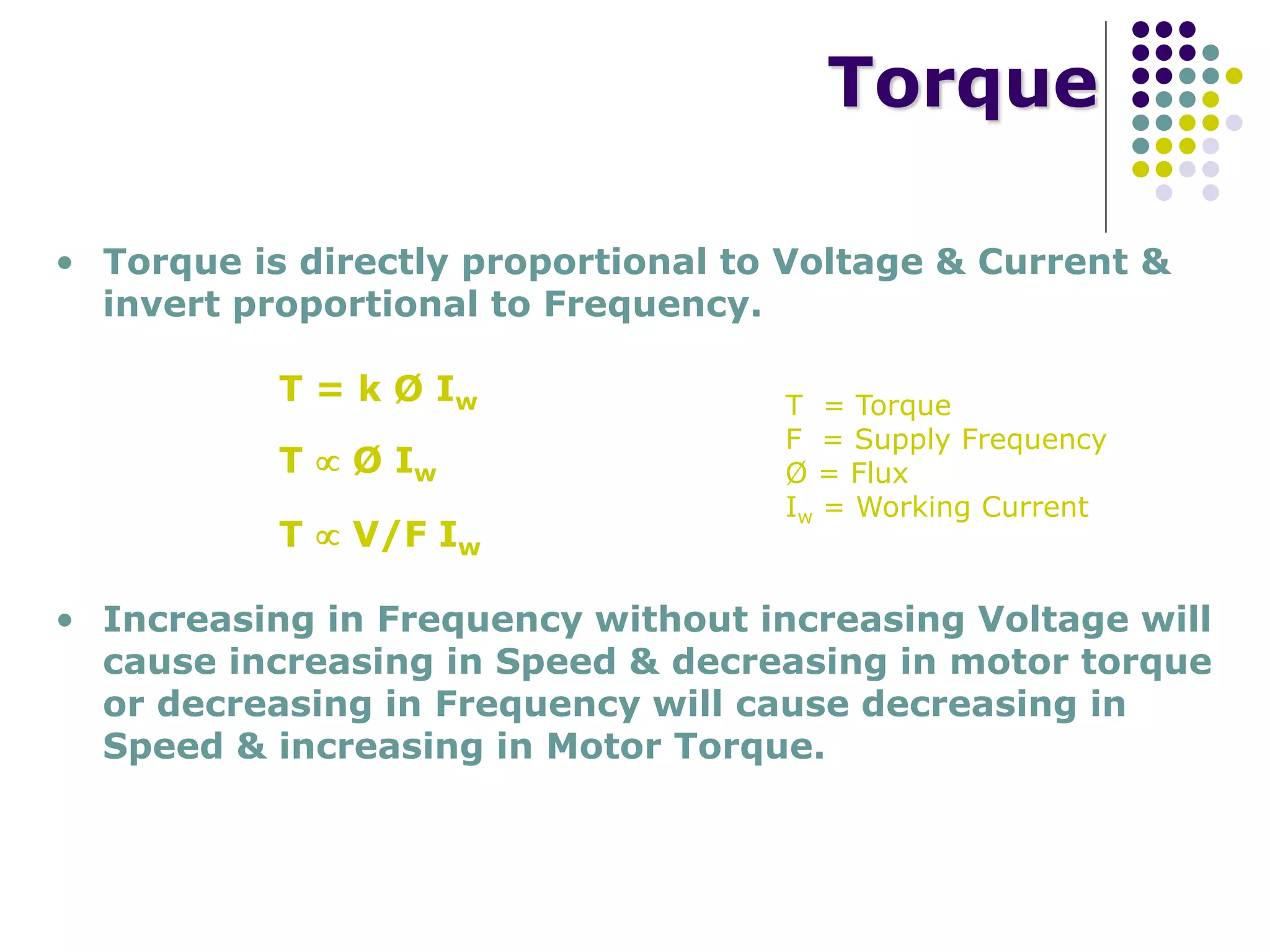 Torque
• Torque is directly proportional to Voltage & Current &
invert proportional to Frequency.
T = k Ø Iw T = Torque
F = Supply Frequency
Ø = Flux
Iw = Working Current
T  Ø Iw
T  V/F Iw
• Increasing in Frequency without increasing Voltage will
cause increasing in Speed & decreasing in motor torque
or decreasing in Frequency will cause decreasing in
Speed & increasing in Motor Torque.
 