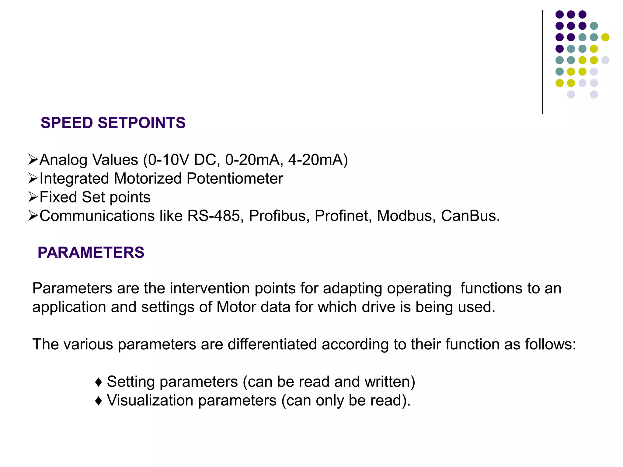 Parameters are the intervention points for adapting operating functions to an
application and settings of Motor data for which drive is being used.
The various parameters are differentiated according to their function as follows:
♦ Setting parameters (can be read and written)
♦ Visualization parameters (can only be read).
PARAMETERS
SPEED SETPOINTS
Analog Values (0-10V DC, 0-20mA, 4-20mA)
Integrated Motorized Potentiometer
Fixed Set points
Communications like RS-485, Profibus, Profinet, Modbus, CanBus.
 