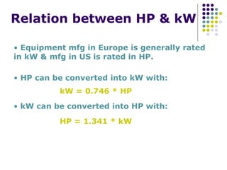 Relation between HP & kW
• Equipment mfg in Europe is generally rated
in kW & mfg in US is rated in HP.
• HP can be converted into kW with:
kW = 0.746 * HP
HP = 1.341 * kW
• kW can be converted into HP with:
 