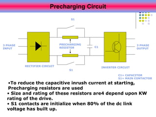 S1
S1
RECTIFIER CIRCUIT
INVERTER CIRCUIT
C1
PRECHARGING
RESISTOR
3 PHASE
INPUT
3 PHASE
OUTPUT
C1= CAPACITOR
S1= MAIN CONTACTOR
Precharging Circuit
•To reduce the capacitive inrush current at starting,
Precharging resistors are used
• Size and rating of these resistors are4 depend upon KW
rating of the drive.
• S1 contacts are initialize when 80% of the dc link
voltage has built up.
 