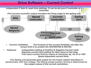 Current
Limitatio
n
• Current Limitation: The Purpose of the current limitation set after the
torque limit is to protect the CONVERTER & MOTOR.
• Features: Independent setting of Positive & Negative Current Limit.
Separate current limit setting for Shut down & Fast stop.
Free input current limit by means of connector eg. via AI or USS
Speed dependent current limit.
RFG
Speed
Controller
Current
Controller
Gating
Unit
Speed
Setpoint M
CT
Current
Controller
•Current Controller: Current Controller is a PI Controller with mutually
independent P Gain & reset time settings. It can be set pure P controller or I
controller.
•The Current controller output transfers the firing angle to the gating unit.
Gating
Unit
•The Gating unit generates gate pulses for the Power section thyristors in
synchronism with line voltage. The Gating pulses position timing is determined by
the output values of the current controllers.
Drive Software – Current Control
 